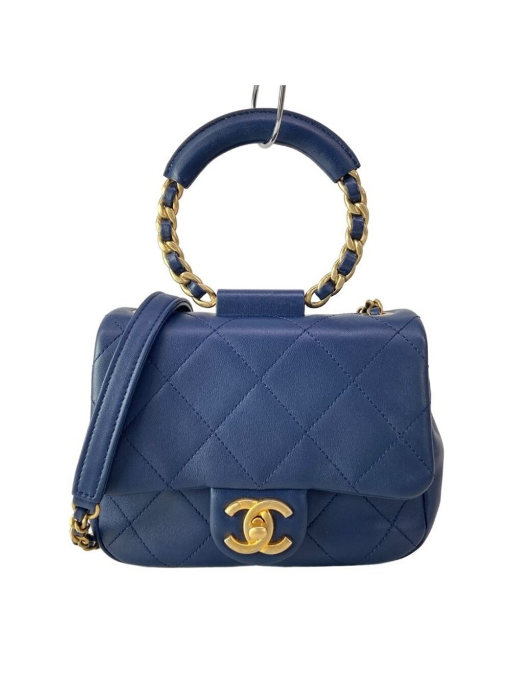 Chanel Shoulder Bag Mini Quilted Navy Round Handle 2-Way Chain Vintage Gold